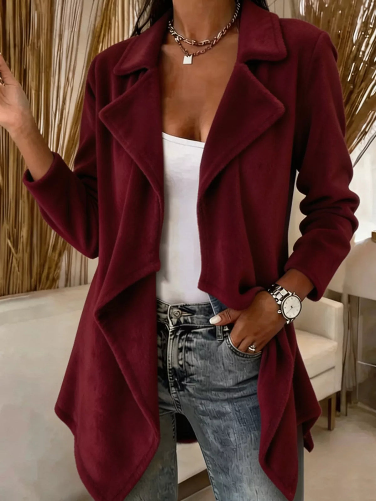Full Size Fleece Waterfall Collar Outerwear Plus Size - Burgundy - View 9