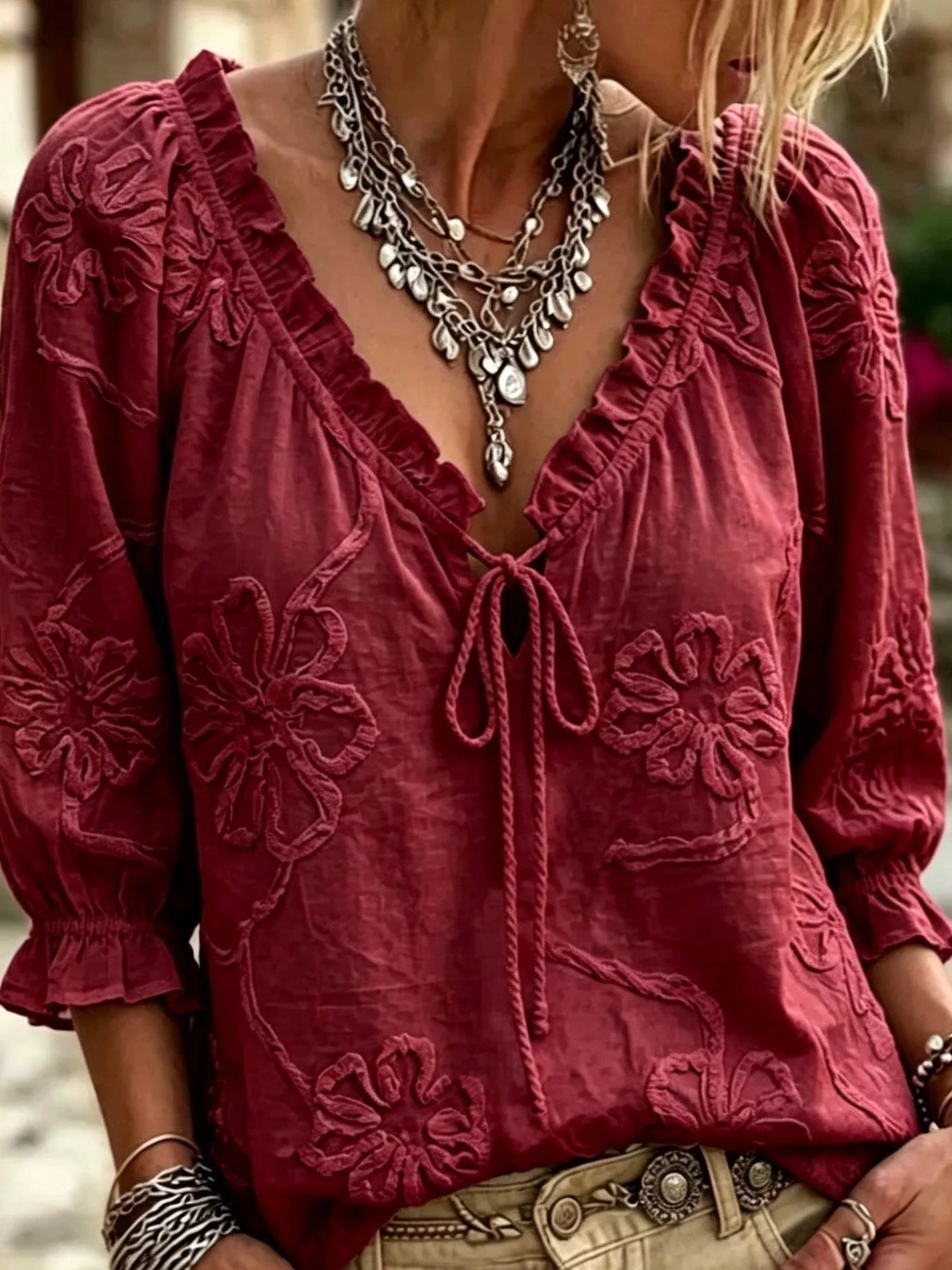 Floral Tie Neck 3/4 Sleeve Blouse - Burgundy - View 2