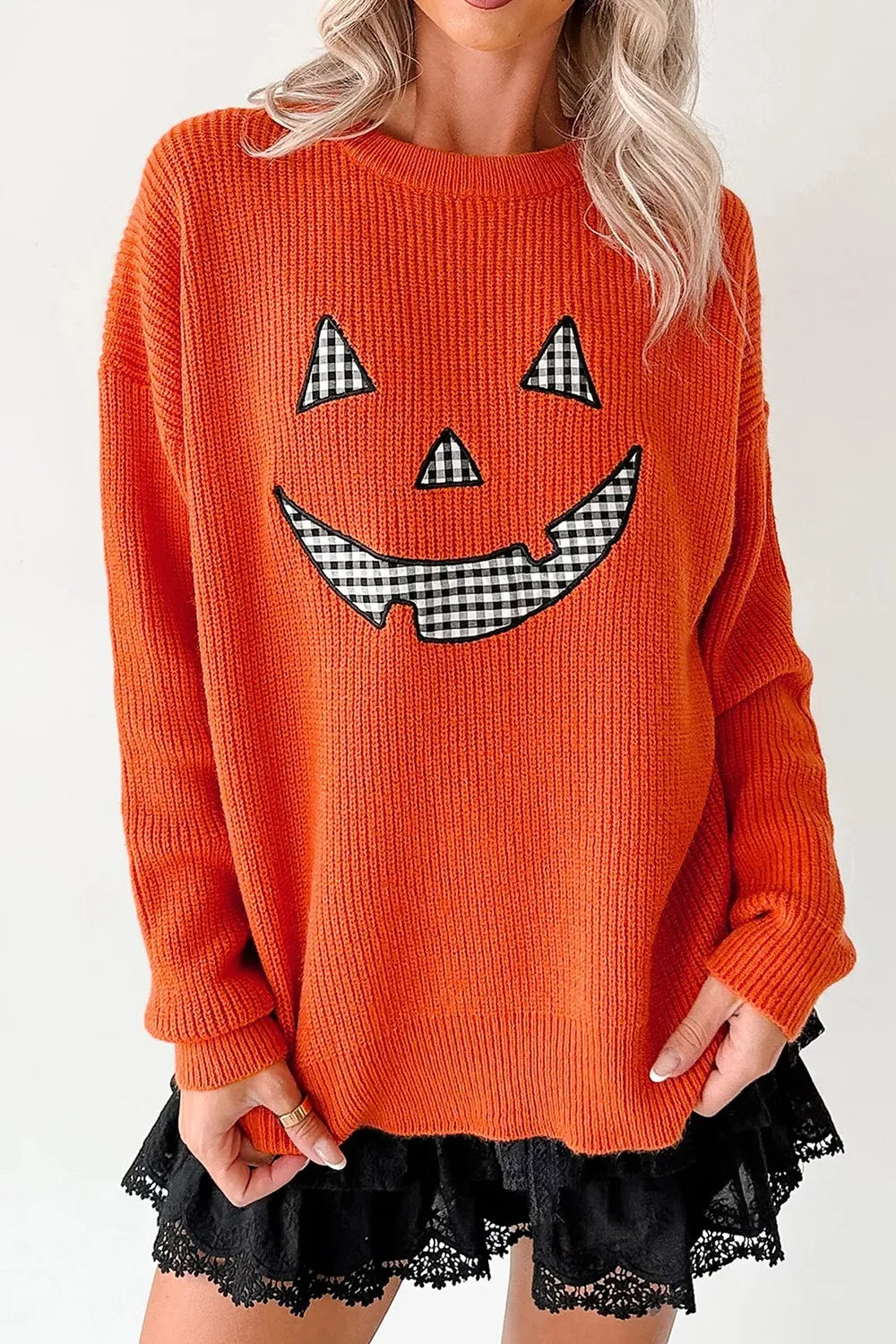 Drop Shoulder Long Sleeve Round Neck Halloween Sweater - Orange - View 2
