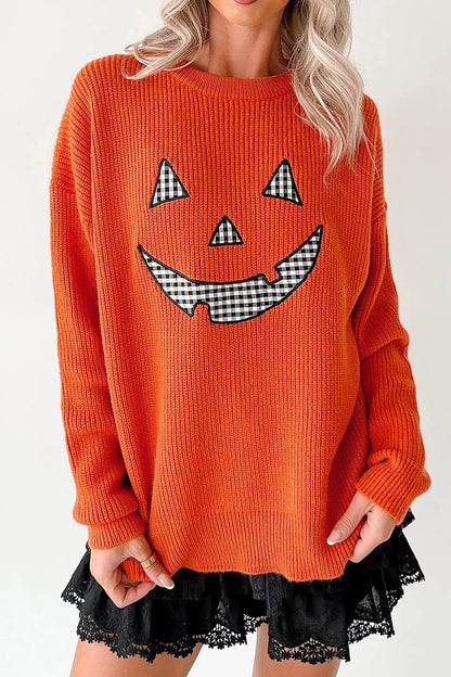 Drop Shoulder Long Sleeve Round Neck Halloween Sweater - Orange - View 2