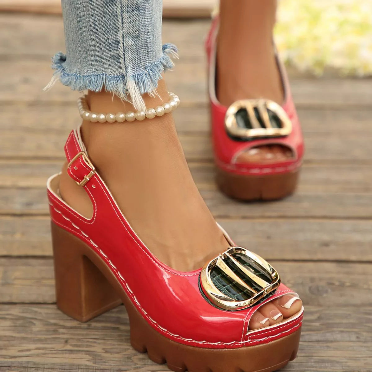 Peep Toe Block Heels Sandals - Red - View 2