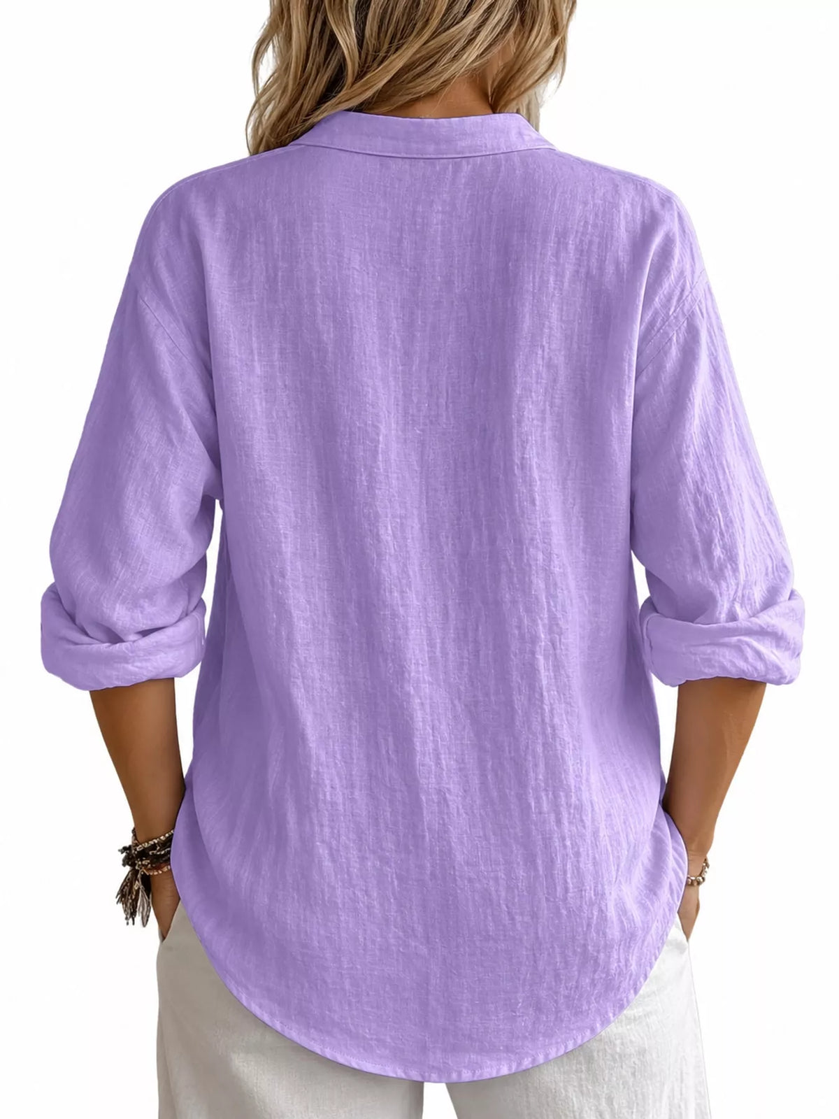 Collared Neck Long Sleeve Blouse - Purple - View 13