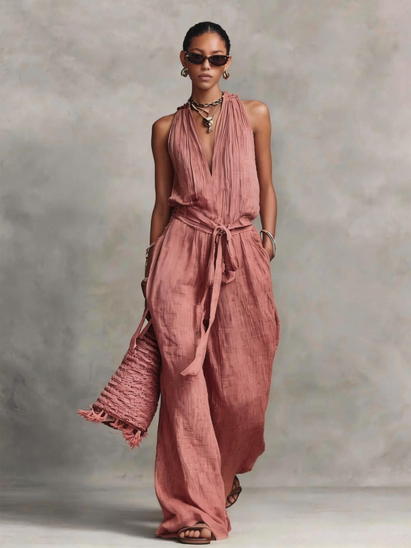 Long Sleeve Women's Jumpsuit with Belted Design Casual V-Neck Sleeveless Jumpsuit