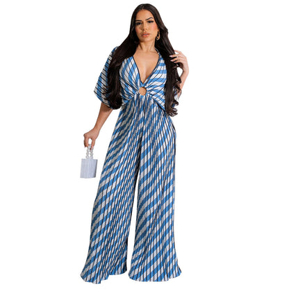 V-neck pleated jumpsuit for women