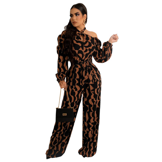 Printed women's long sleeved hanging neck jumpsuit