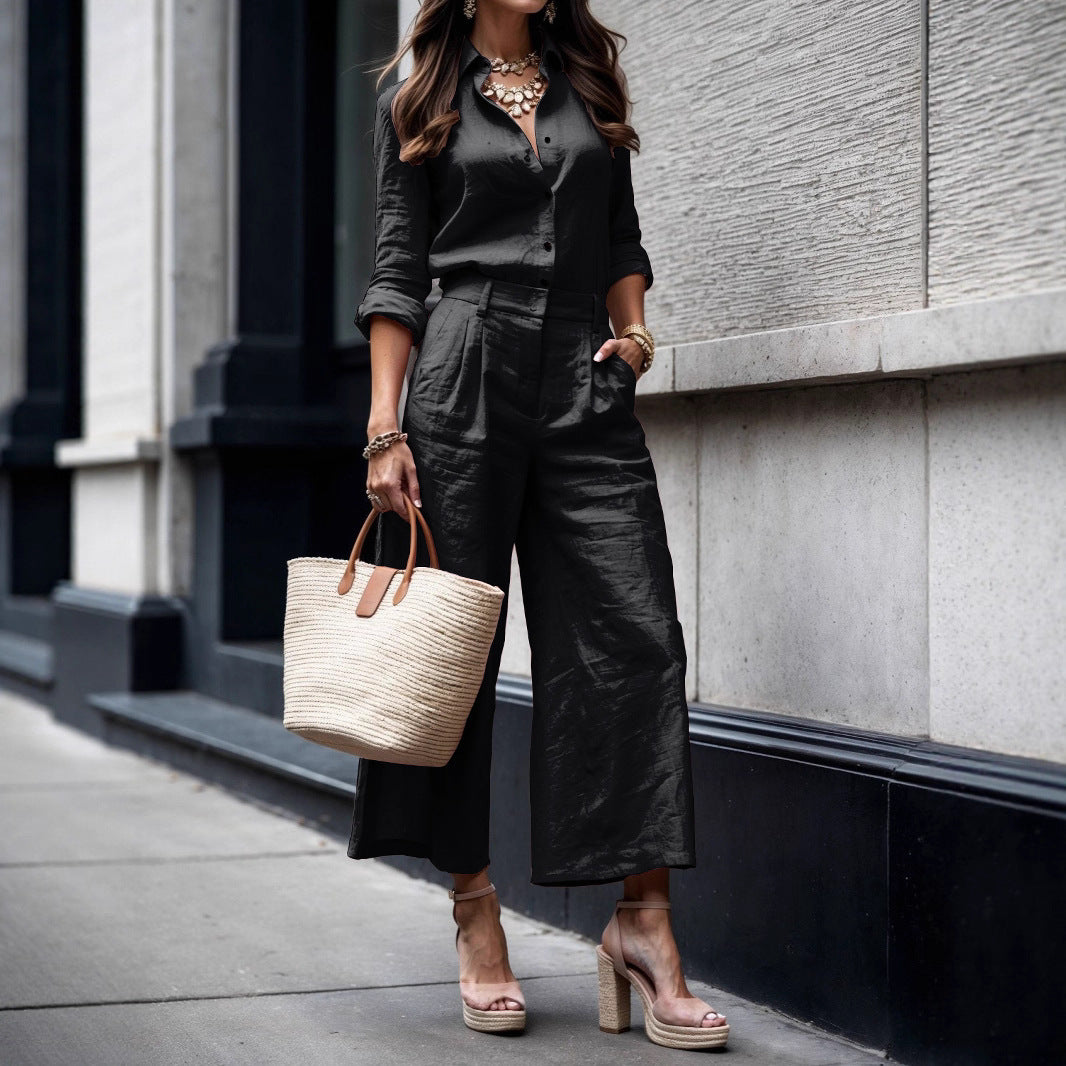 Women's Summer Fashion Simple Long Sleeve Top with Loose Wide Leg Pants Set