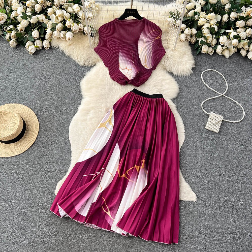 [EWQ] Elegant Short sleeved women's shirt+high waisted pleated skirt trend  2-piece set Summer vacation party clothing