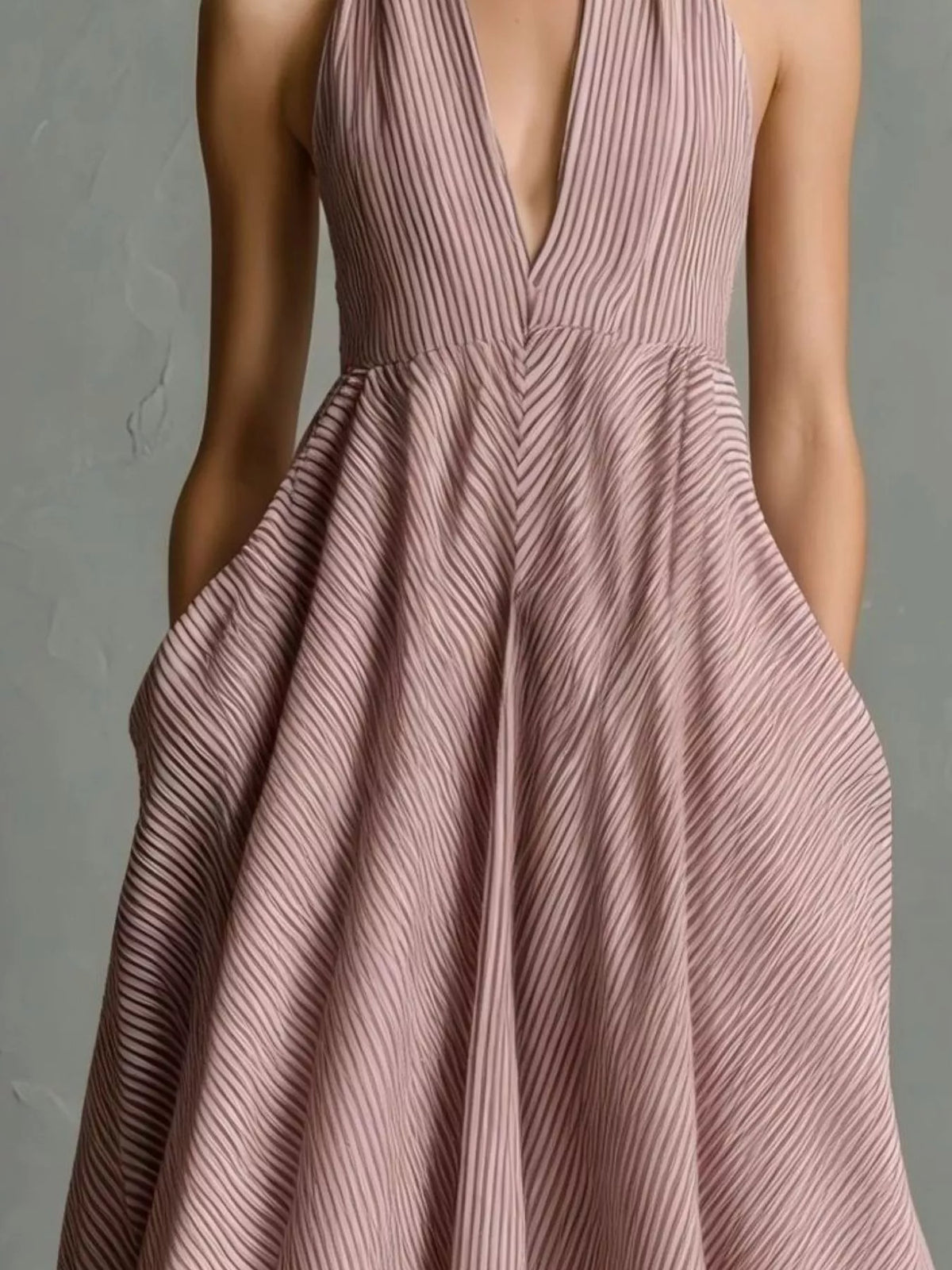 Full Size Striped Halter Neck Maxi Dress with Pockets Plus Size - Dusty Pink - View 2
