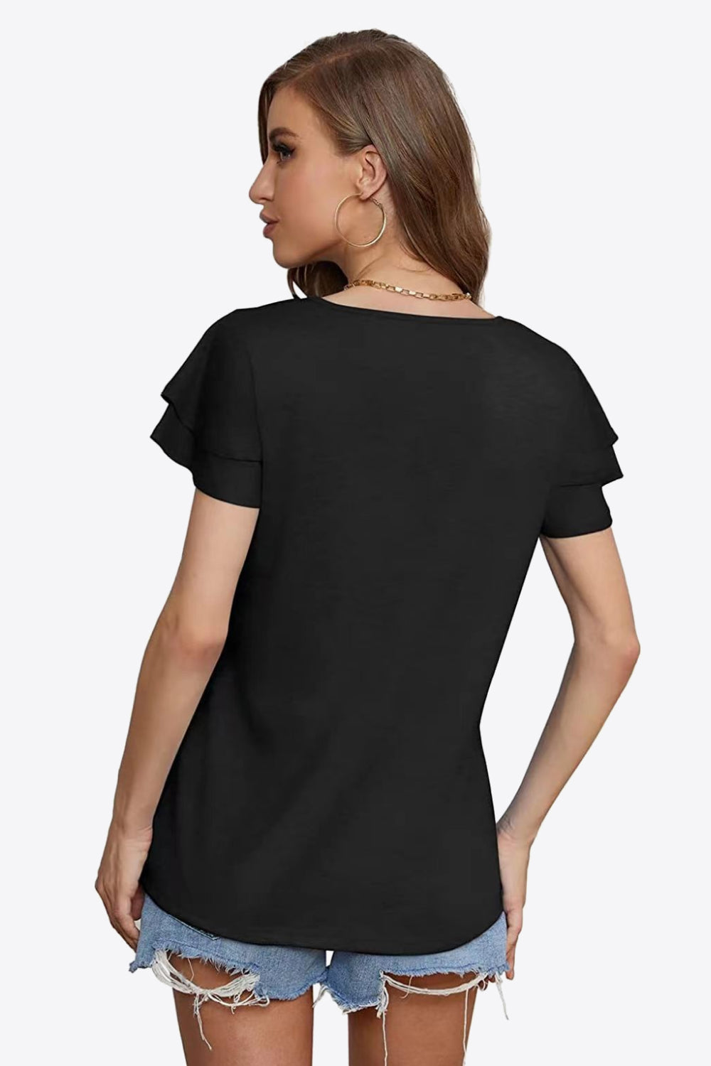 Tie-Neck Layered Flutter Sleeve Blouse - Black - View 6