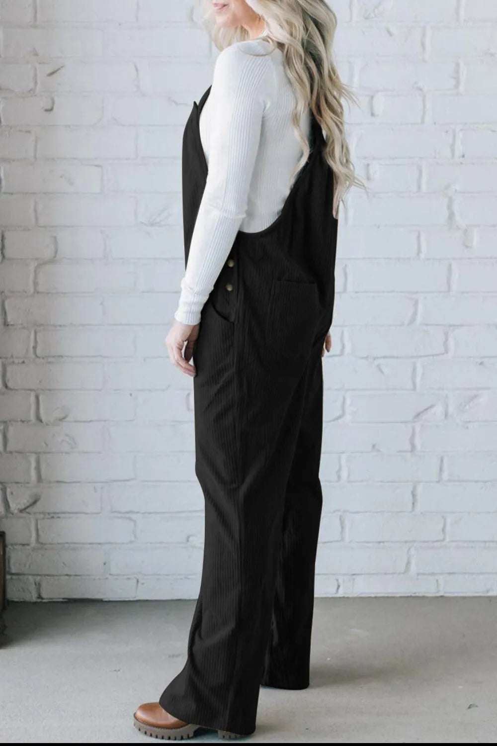 Square Neck Wide Strap Overalls - Black - View 8