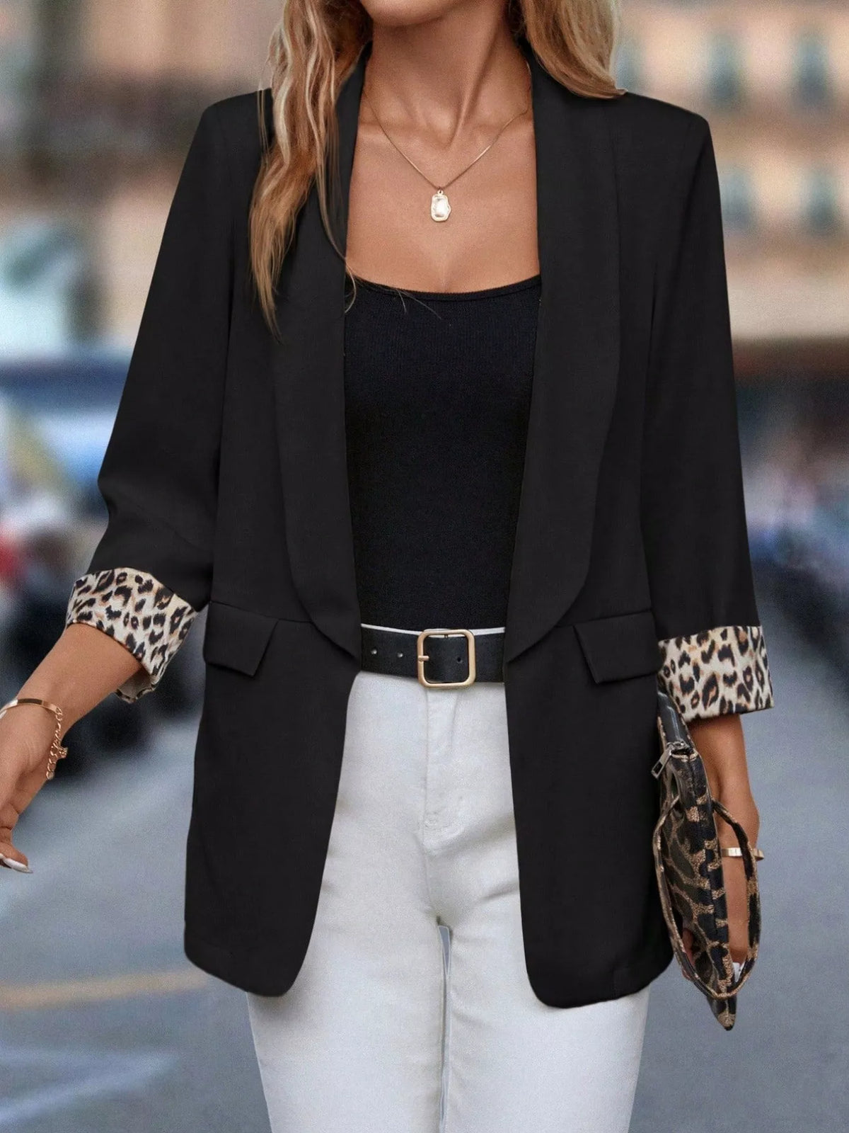 Leopard Cuff Open Front Blazer - Black - View 5