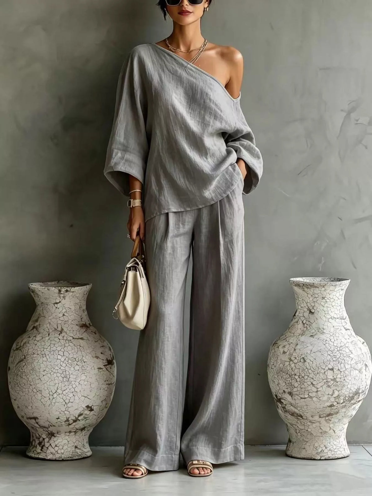 One Shoulder Top and Wide Leg Pants Set - Gray - View 1