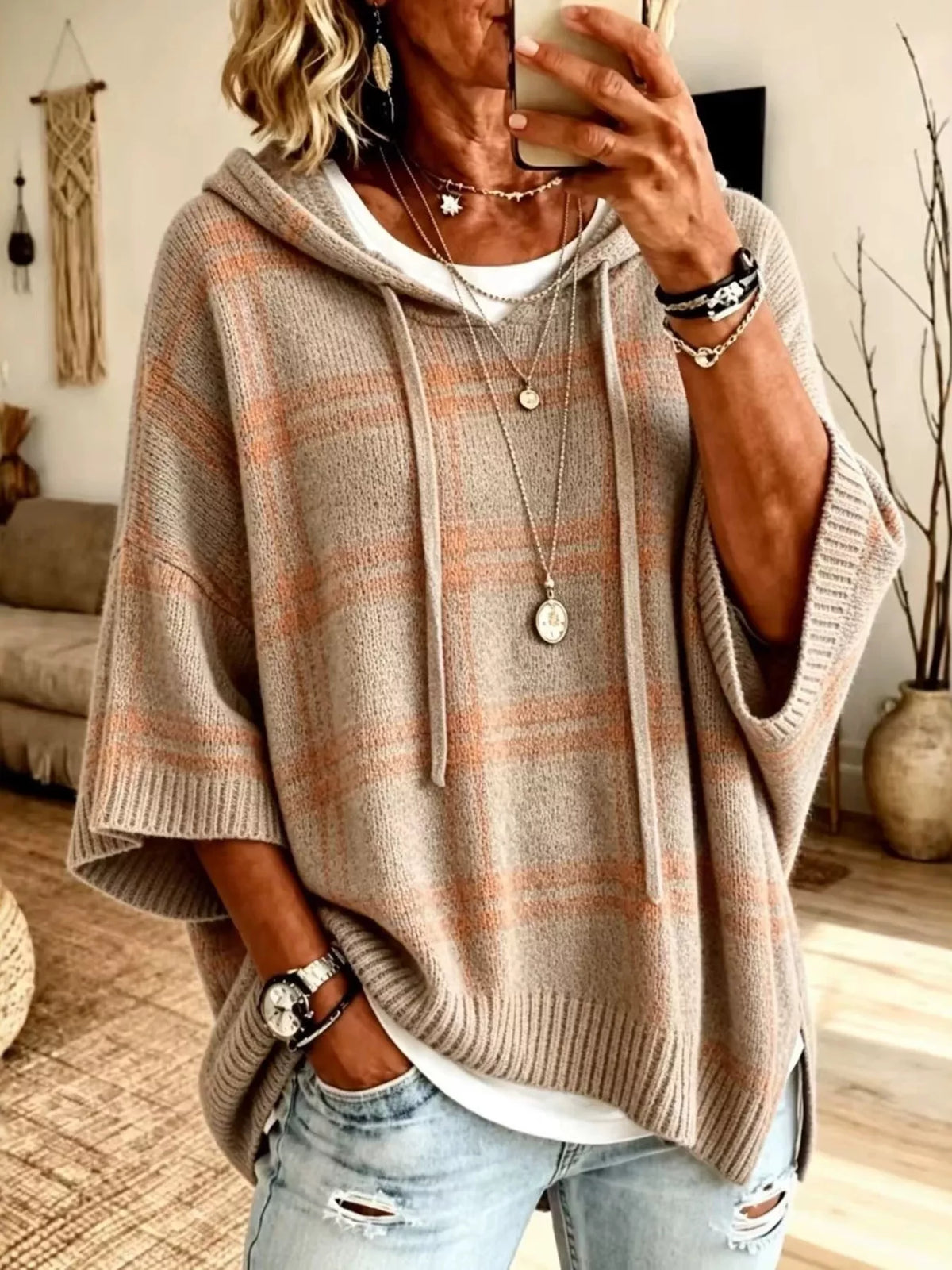 Full Size Drawstring Plaid Hooded Sweater Plus Size - Khaki - View 1