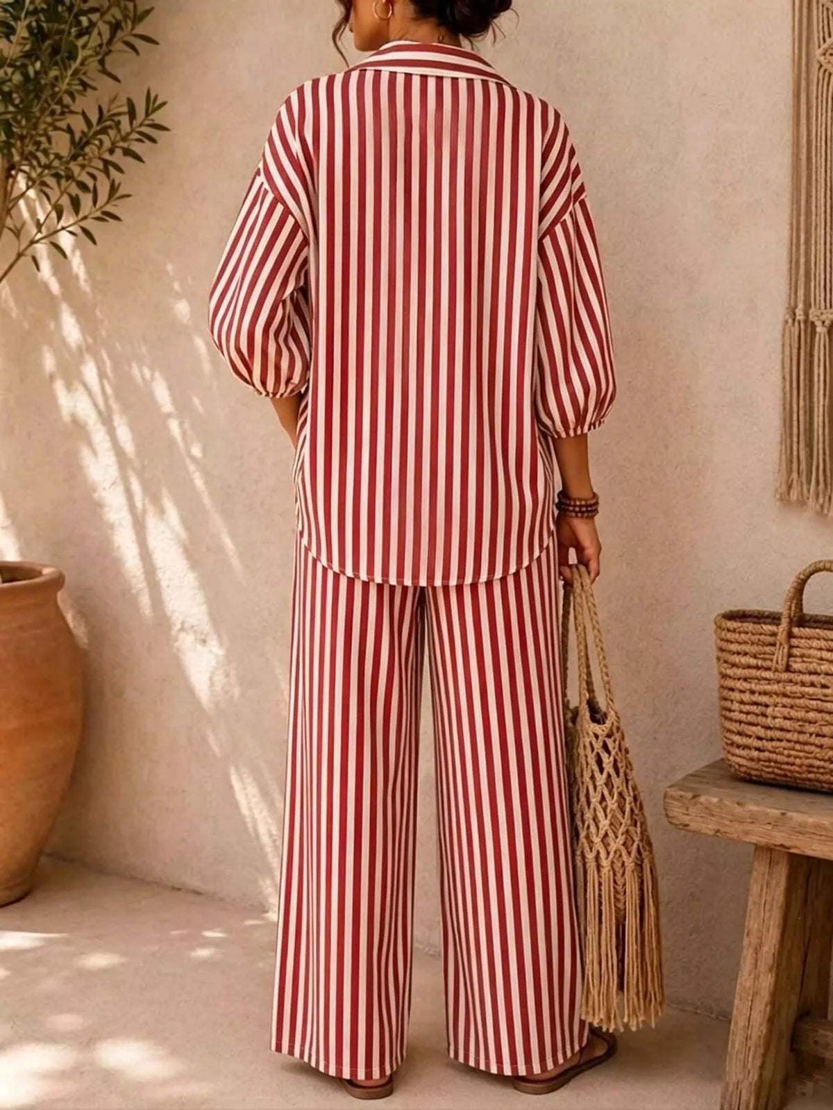 Full Size Striped Relaxed Fit Shirt and Wide-Leg Pants Set Plus Size - All Colors - View 2