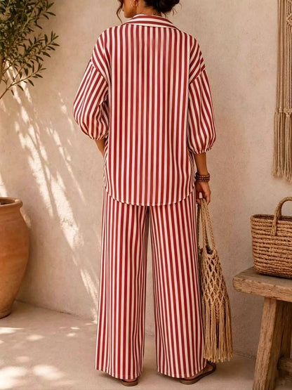 Full Size Striped Relaxed Fit Shirt and Wide-Leg Pants Set Plus Size - All Colors - View 2