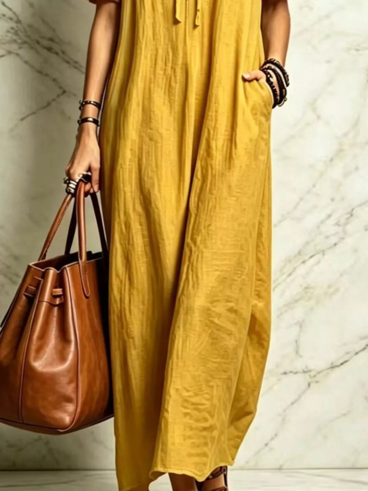 Ruffle Trim Puff Sleeve Maxi Dress - Mustard - View 3