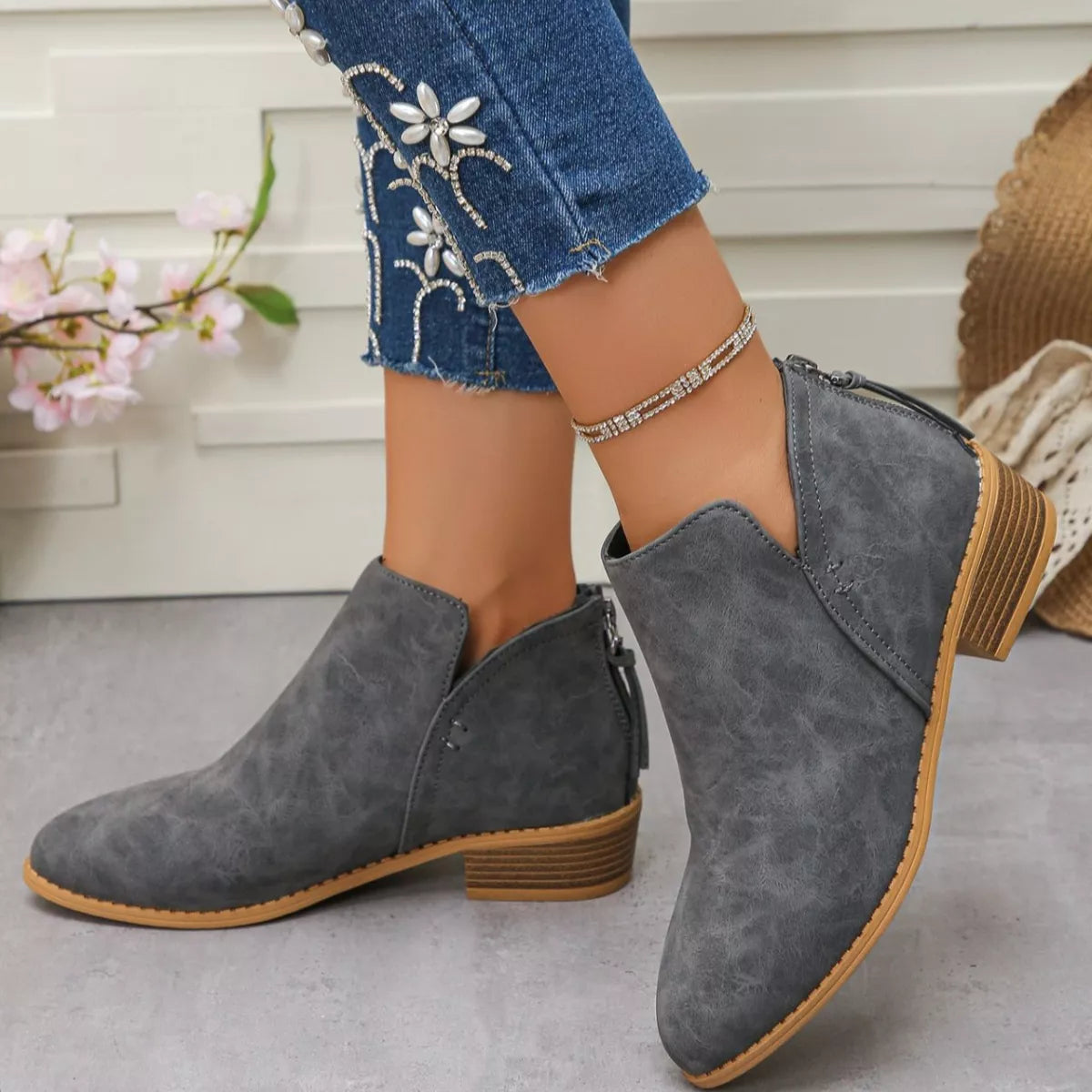 Point Toe Block Heels Boots - Grey - View 10