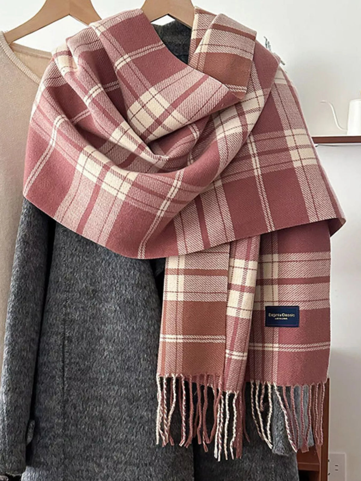 Classic Fringe Plaid Scarf - Pink - View 3