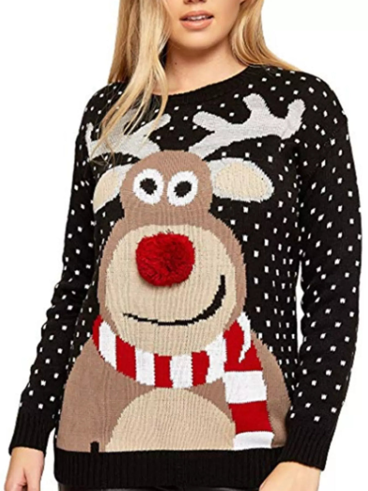 Christmas Reindeer Graphic Round Neck Sweater - Black - View 2