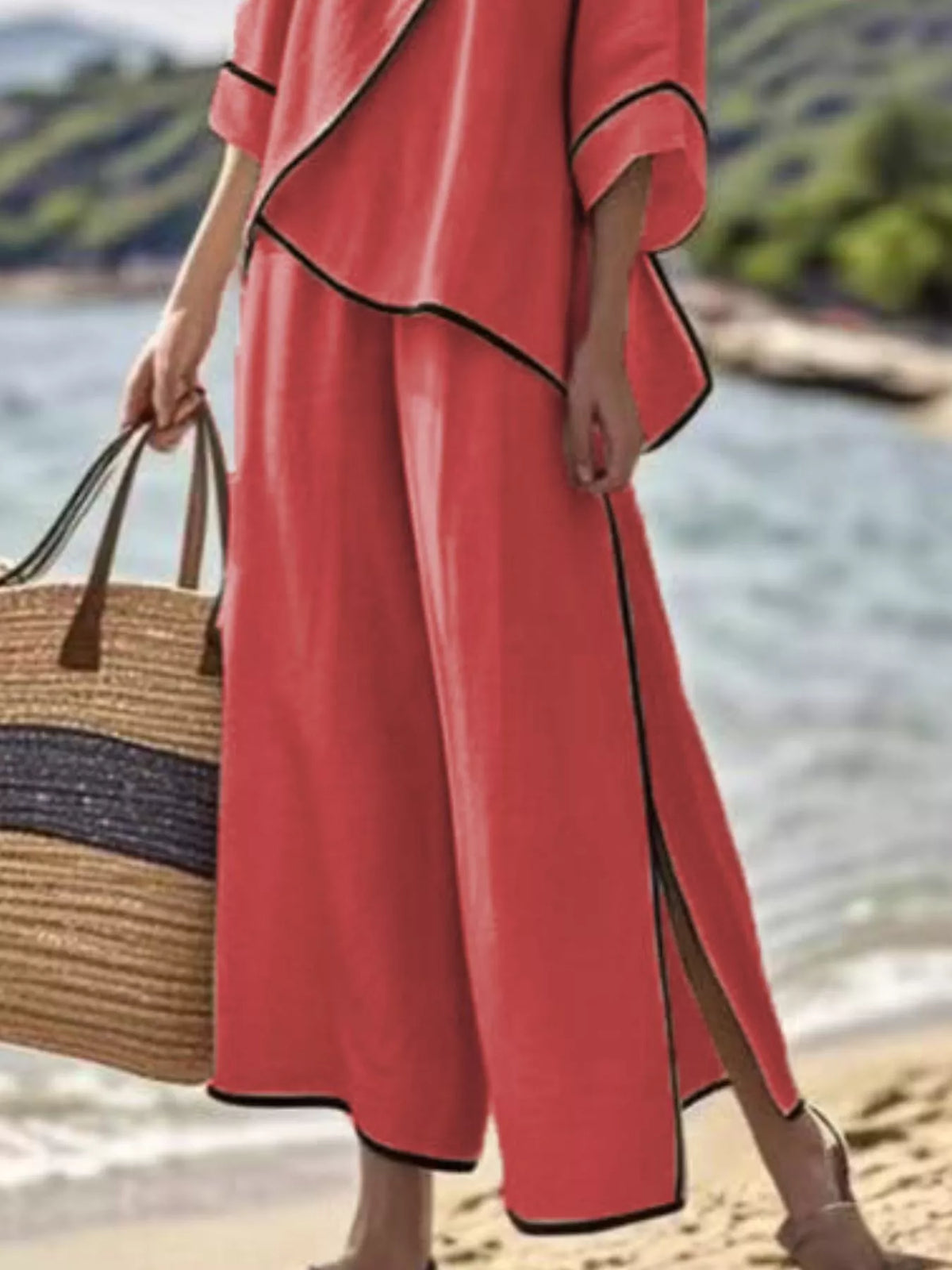 Full Size Contrast Trim Top and Wide Leg Pants Set Plus Size - Red - View 3