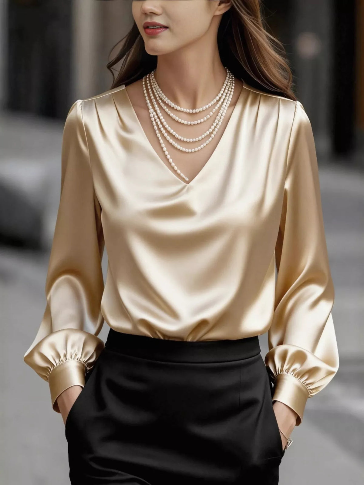 Satin V-Neck Long Sleeve Blouse - Apricot - View 1