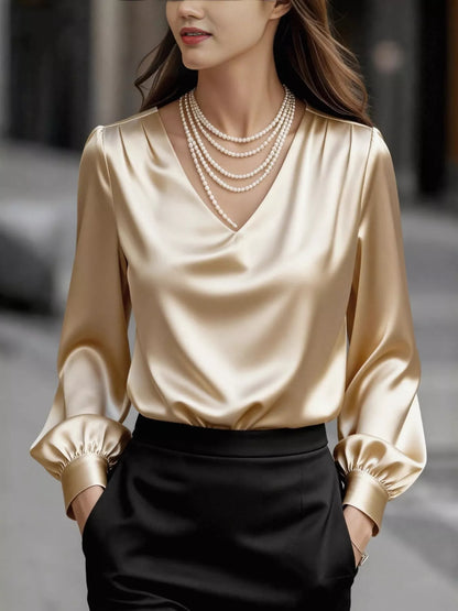 Satin V-Neck Long Sleeve Blouse - Apricot - View 1