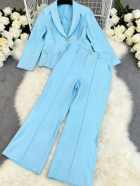 One Button Blazer and Pants Set - Blue - View 2