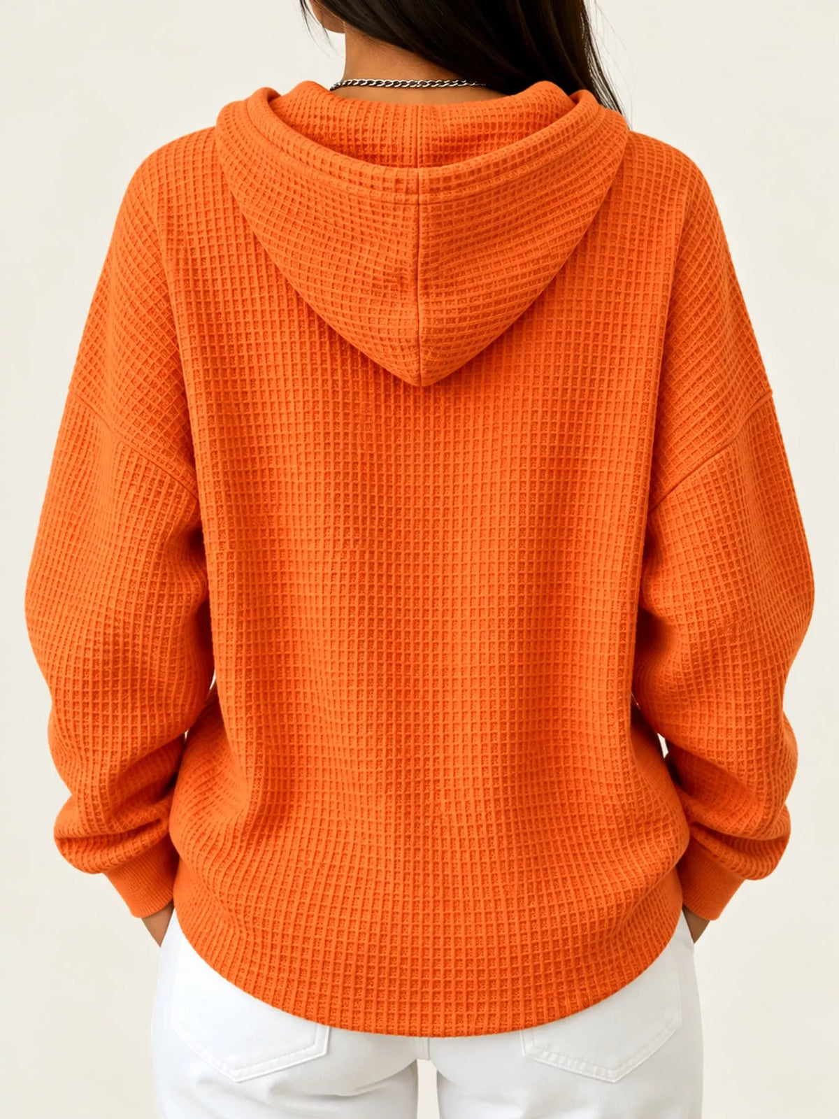 Full Size Waffle Knit Button Detail Hoodie Plus Size - Orange - View 32