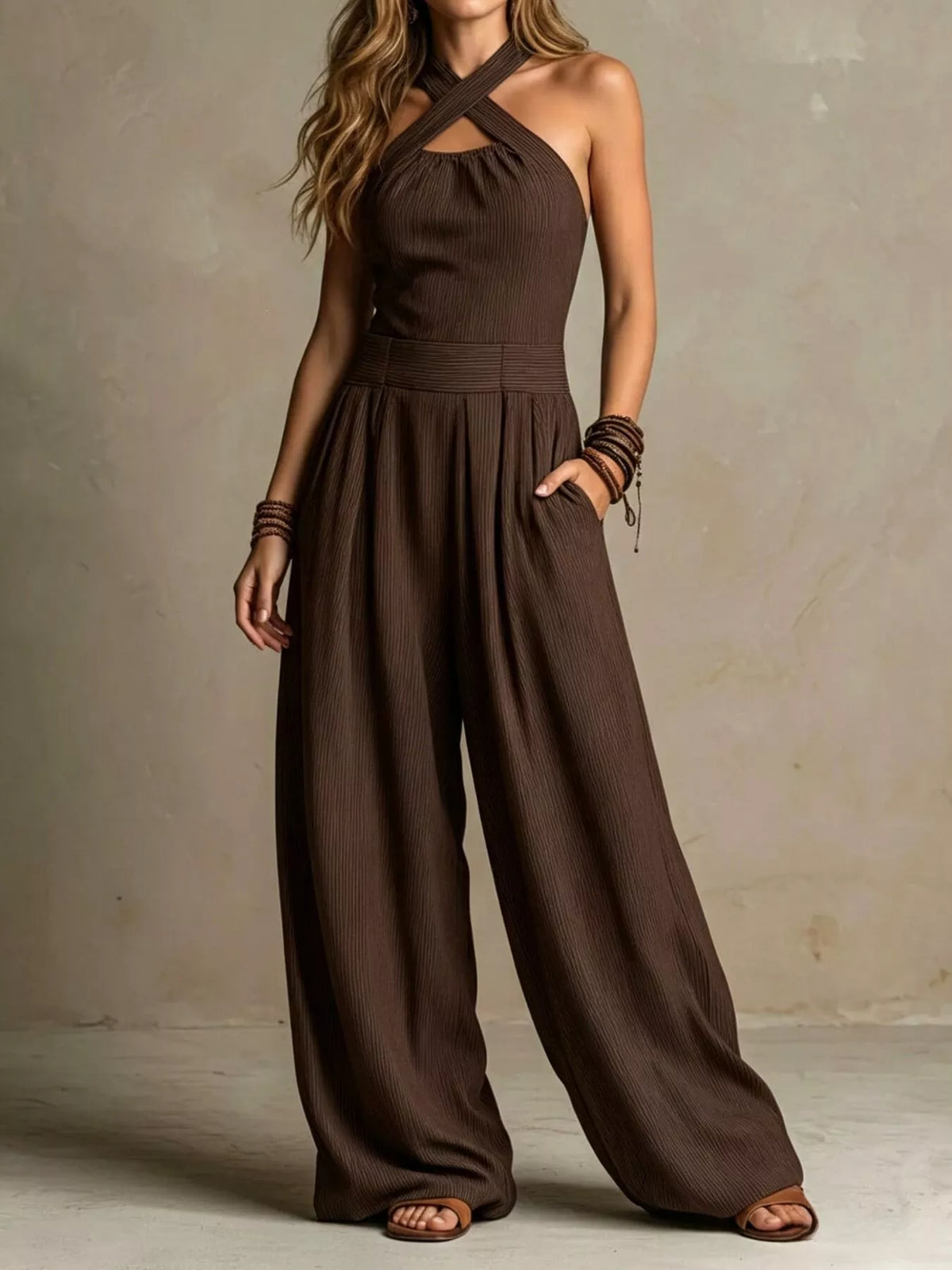 Halter Neck Wide-Leg Jumpsuit with Pockets - Brown - View 1