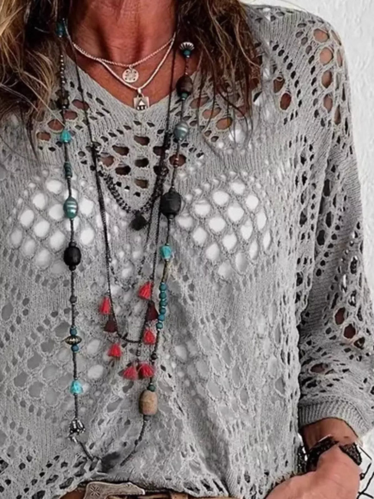 Full Size Hollow Out Crochet Knit Cover Up Plus Size - Grey - View 2