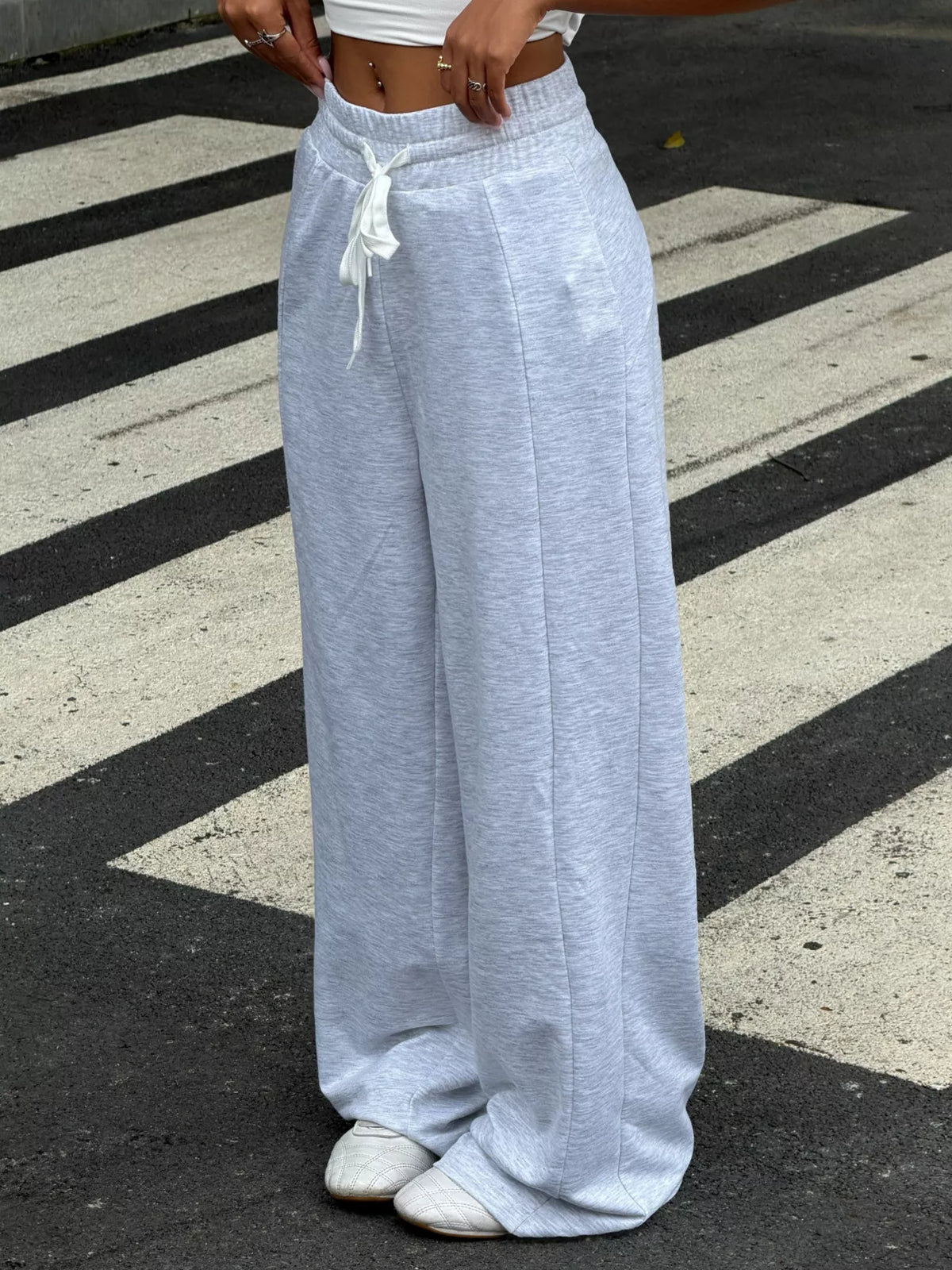 Drawstring Wide-Leg Pants - Gray/white - View 1