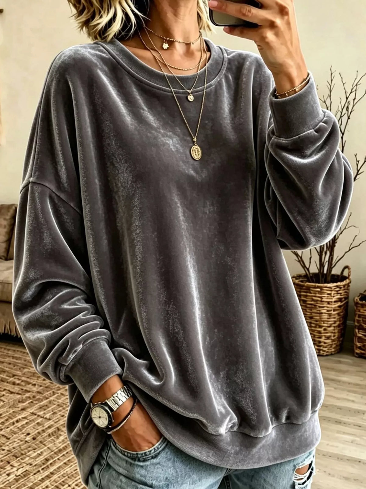 Full Size Crew Neck Drop Shoulder Sweatshirt Plus Size - Dark Gray - View 26