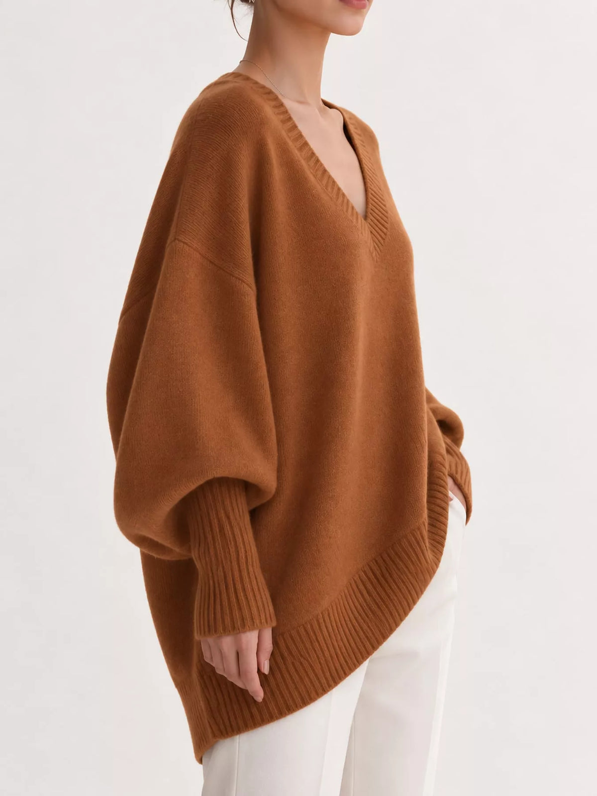 Full Size V-Neck Oversized Batwing Sleeve Sweater Plus Size - Golden Brown - View 35
