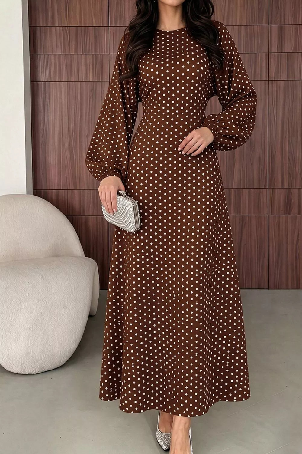 Polka Dot Long Sleeve Maxi Dress - Coffee Brown - View 4