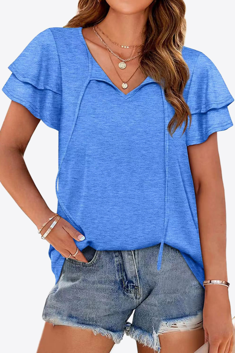 Tie-Neck Layered Flutter Sleeve Blouse - Royal  Blue - View 7