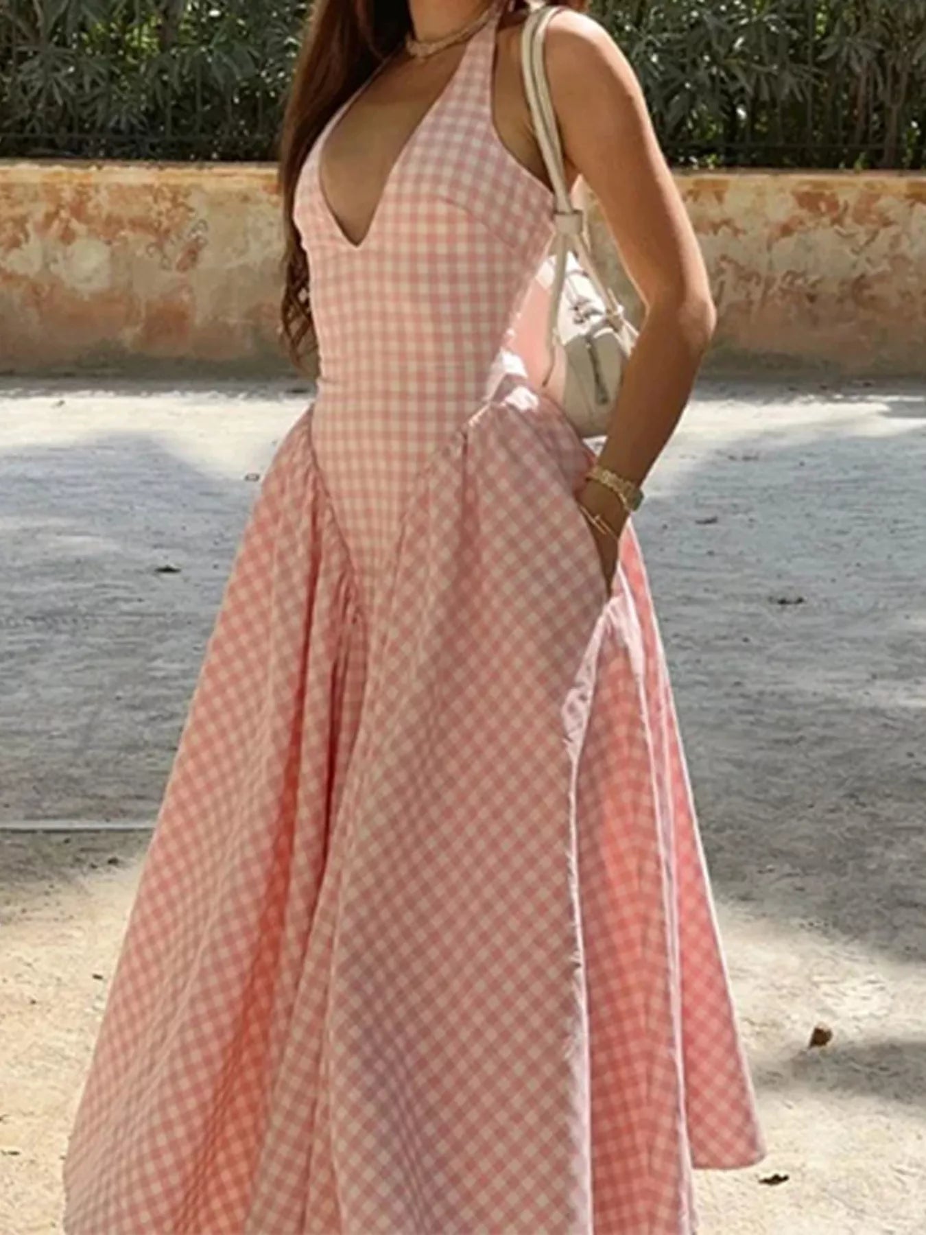 Full Size Gingham Halter Neck Maxi Dress Plus Size - Blush Pink - Styled Side Front View