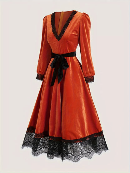 Velvet V-Neck Lace Trim Midi Dress with Waist Tie - Orange Red - View 2
