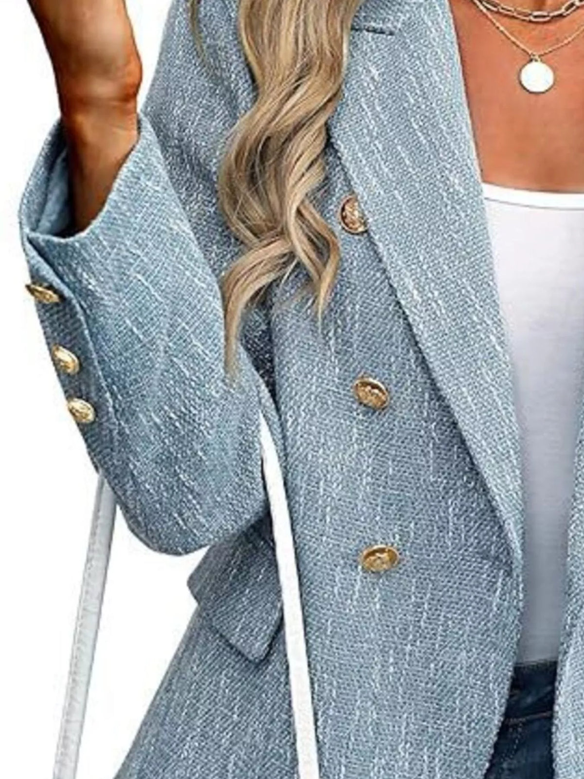 Double-Breasted Lapel Collar Blazer - Light Blue - View 9
