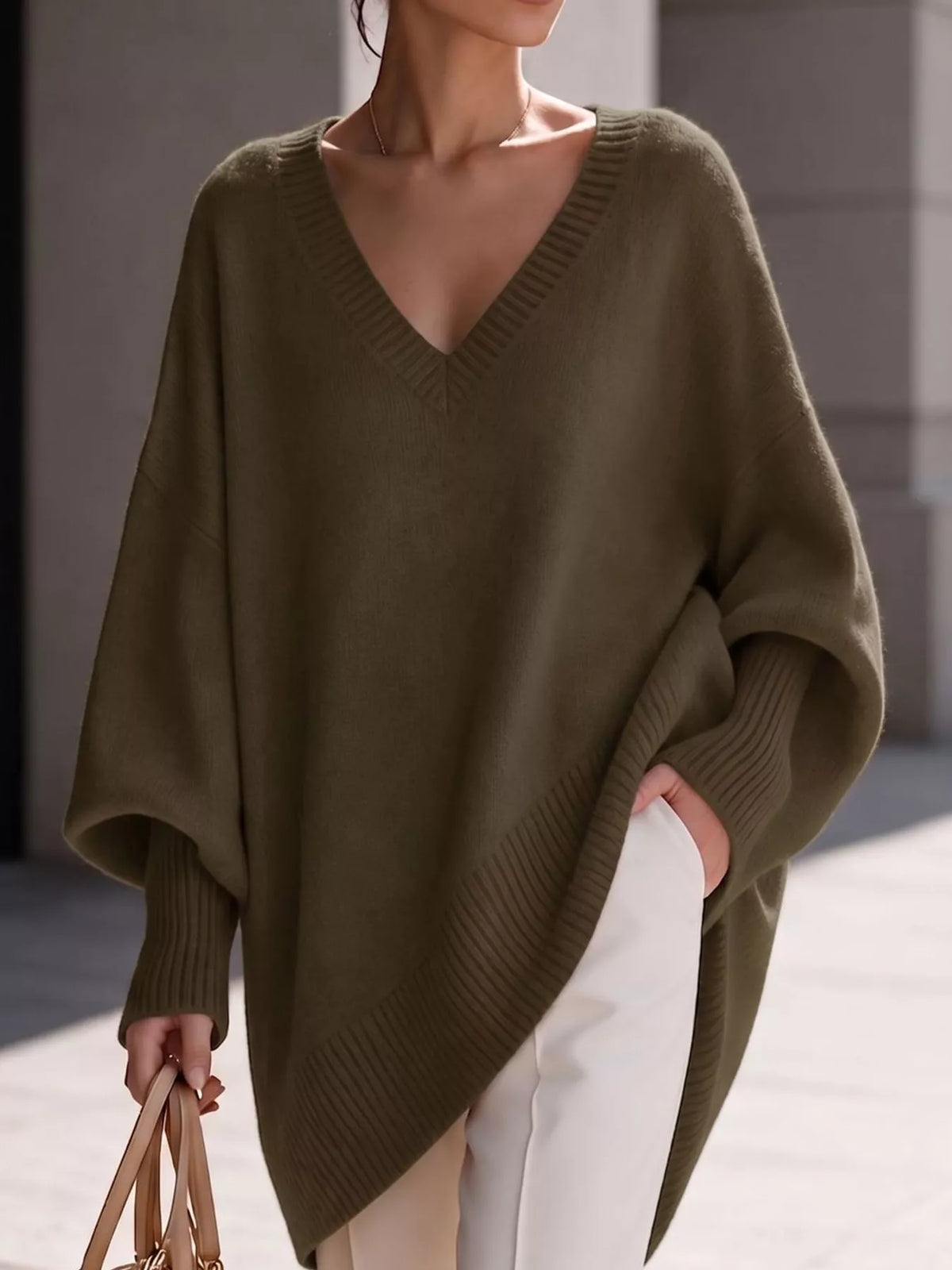 Full Size V-Neck Oversized Batwing Sleeve Sweater Plus Size - Dark Green - View 21