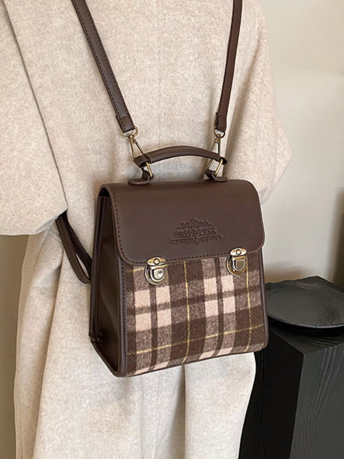 Vintage Plaid Flap Backpack Bag - Brown - View 3
