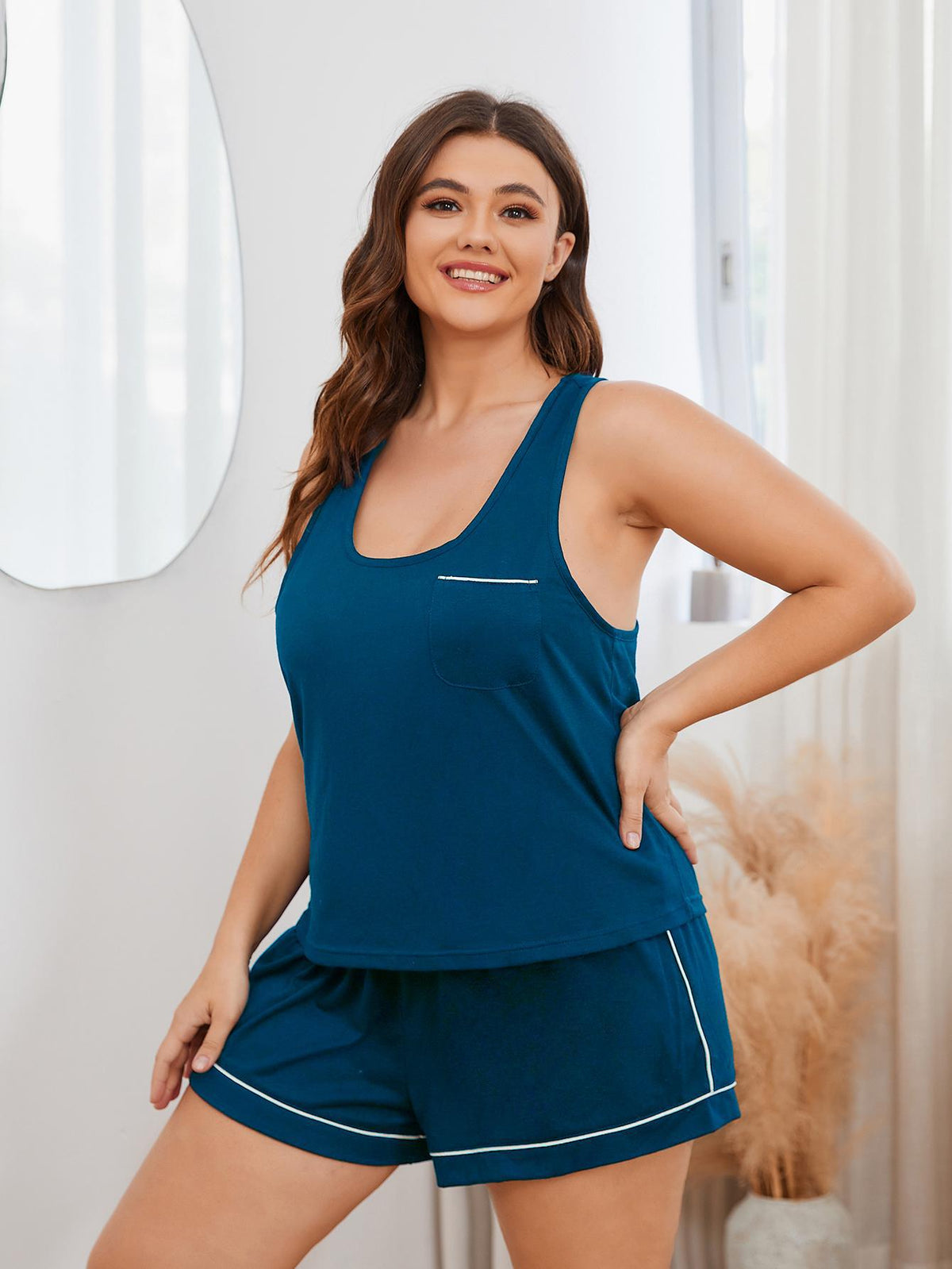 Plus Size Contrast Piping Racerback Tank and Shorts Lounge Set - Peacock  Blue - View 5