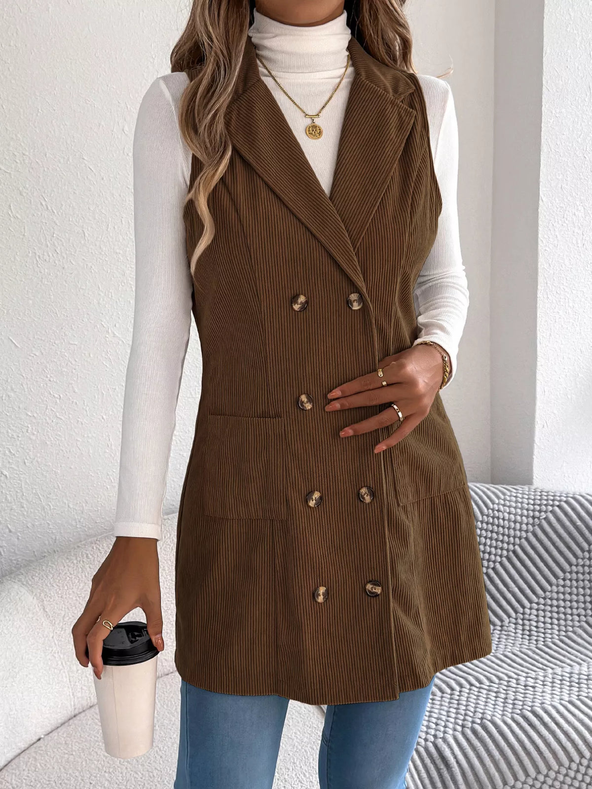 Double-Breasted Long Vest Coat - Coffee Brown - View 13