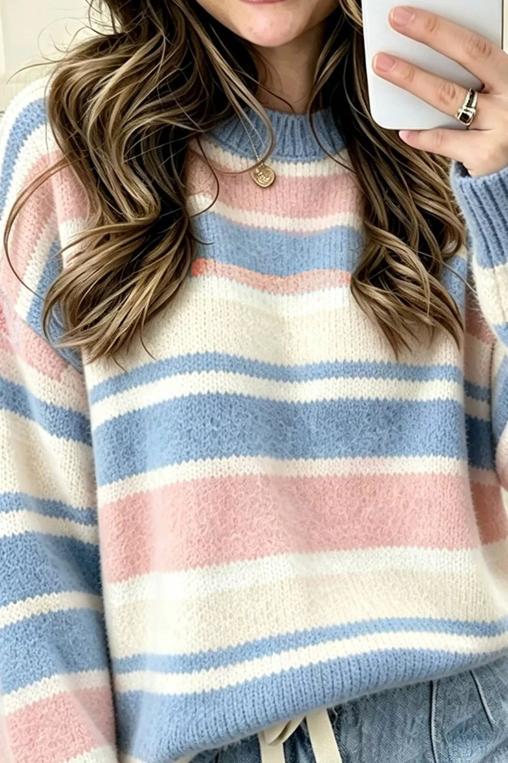 Striped Dropped Shoulder Sweater - Light Blue - View 3