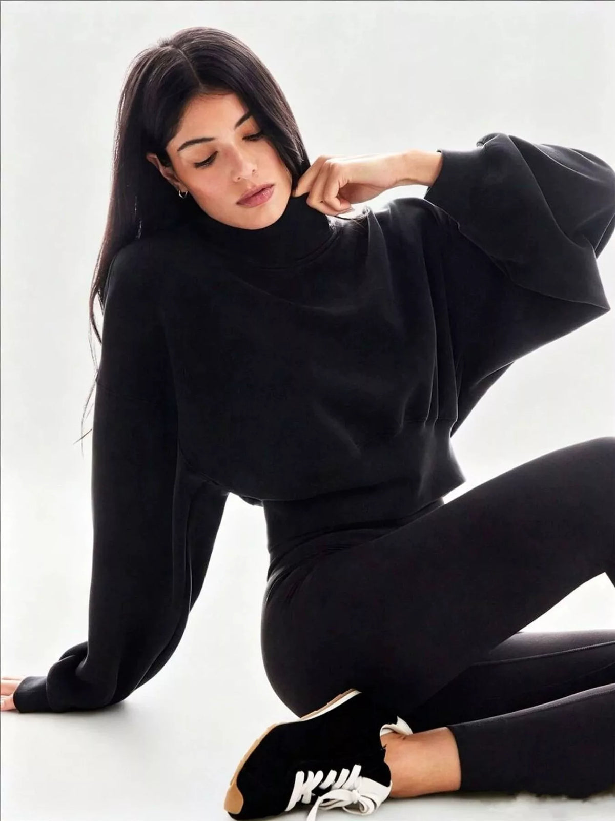 Turtleneck Dropped Shoulder Sweatshirt - Black - View 1