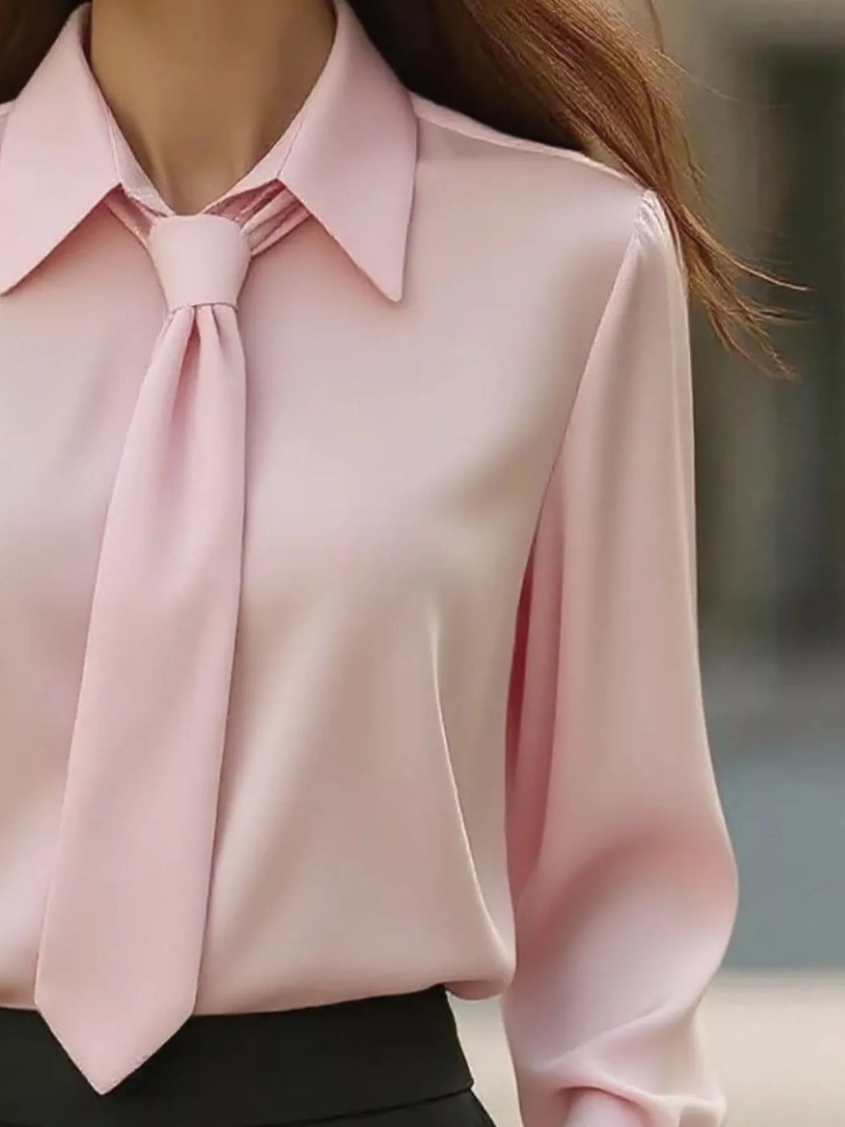Collared Neck Long Sleeve Blouse - Pink - View 6