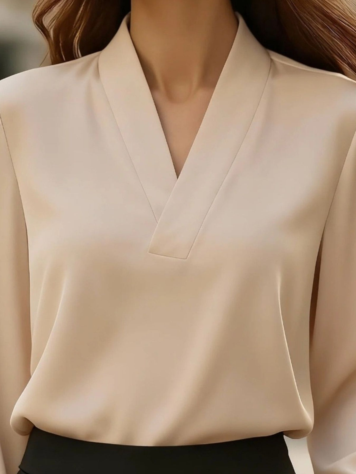V-Neck Long Sleeve Satin Blouse - Khaki - View 8