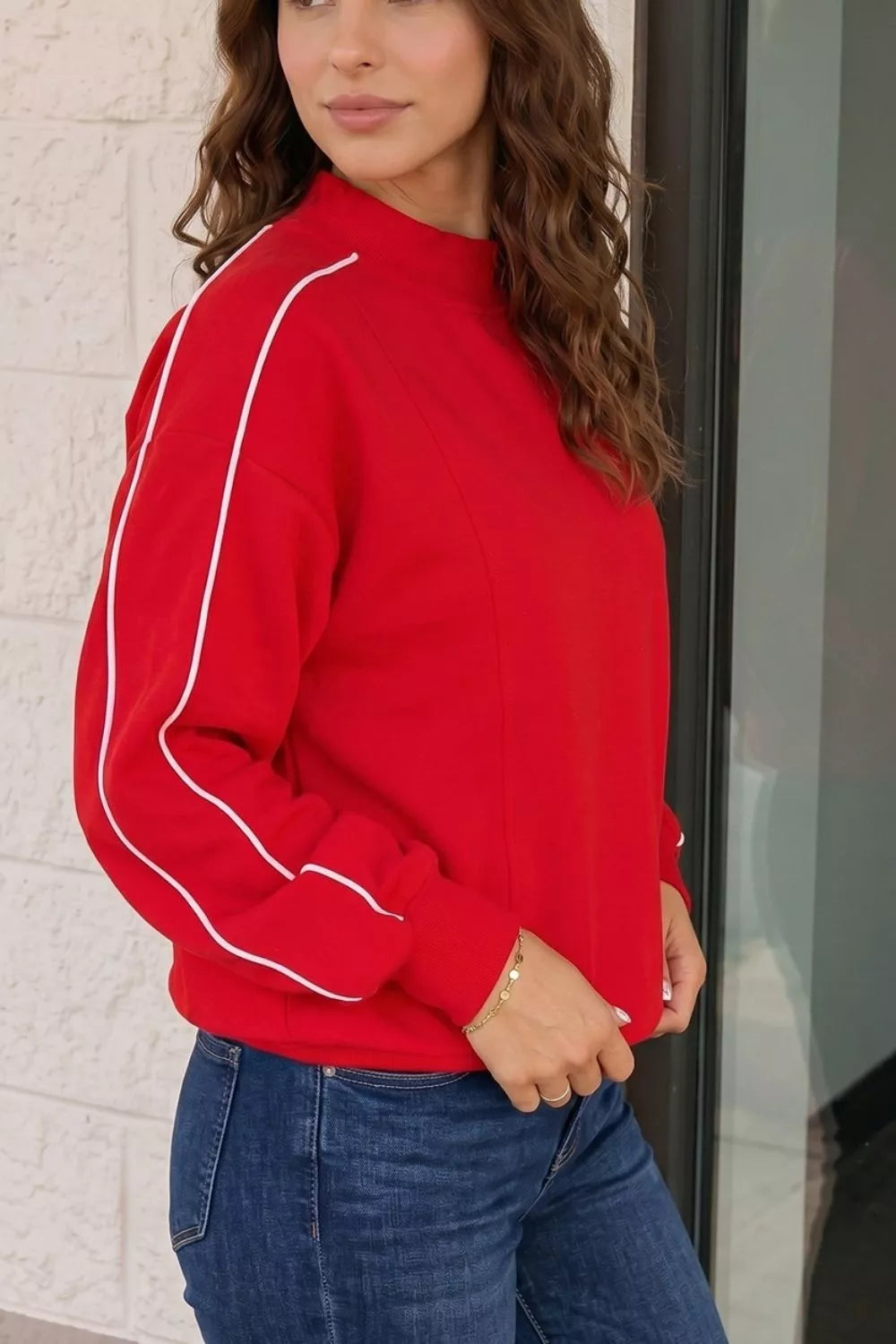Stand Neck Long Sleeve Regular Fit Sweatshirt - Red - View 4