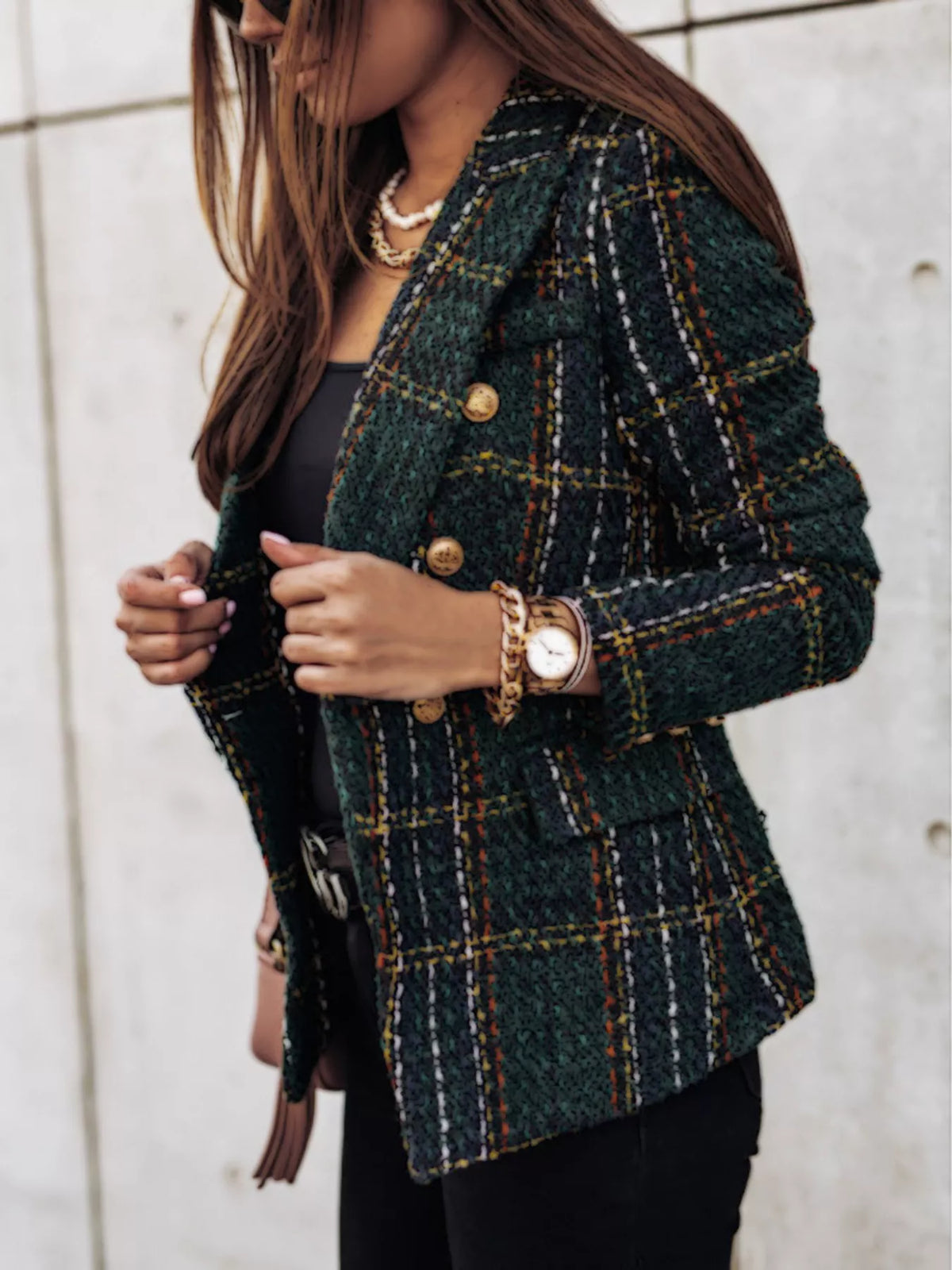 Full Size Plaid Tweed Double-Breasted Blazer Plus Size - Black Forest - View 2