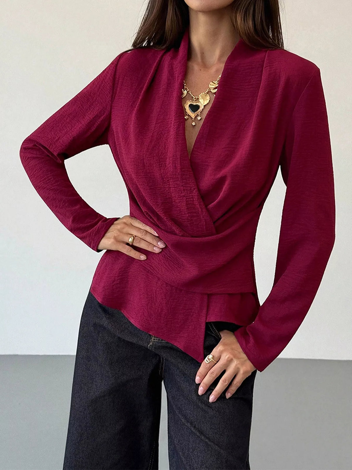 Wrap-Front Long Sleeve Blouse - Cerise - View 3
