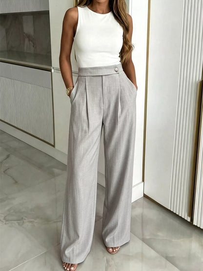 High-Waisted Wide-Leg Pleated Pants - Gray - View 2